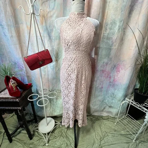 NEW Enfocus Studio High - Low Floral Lace Rose-Tan Sleeveless Dress